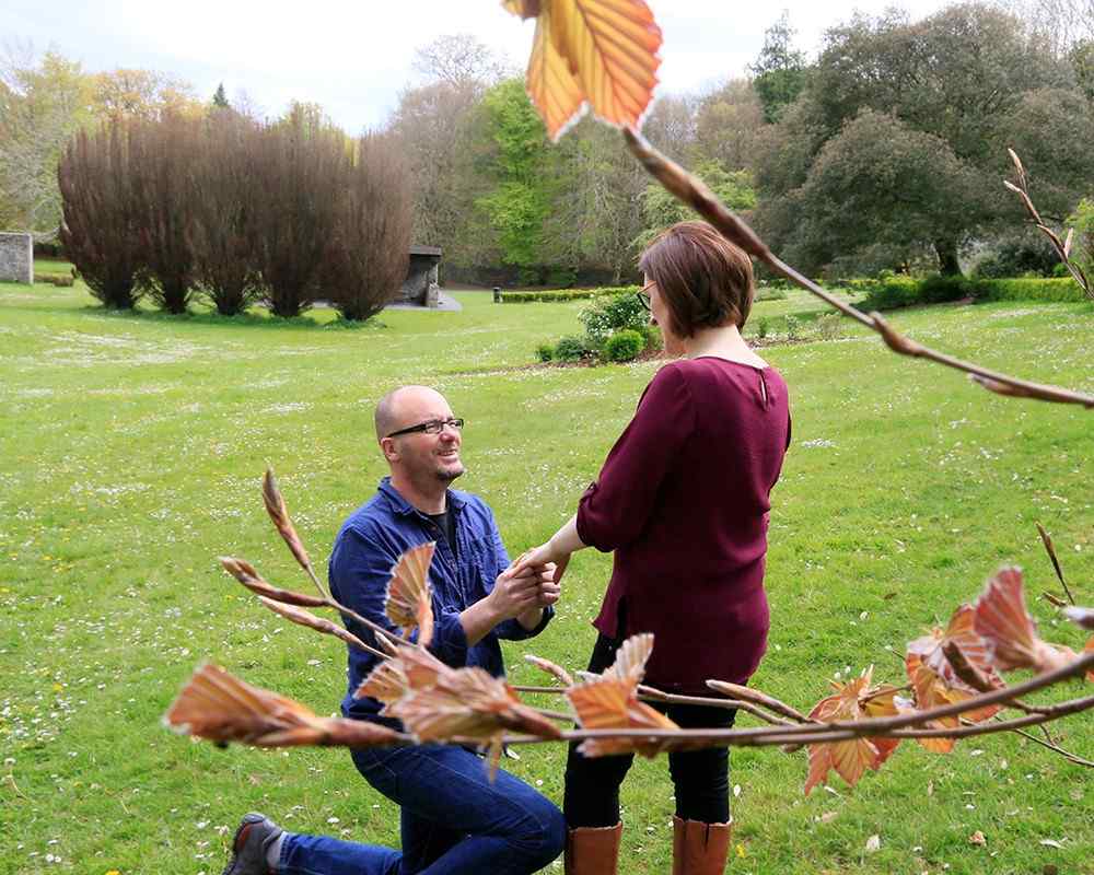 man kneels and proposes marriage in green firld