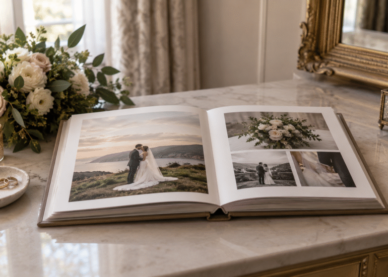 PICTURE OF A LAYFLAT ALBUM LYING OPEN ON A TABLE