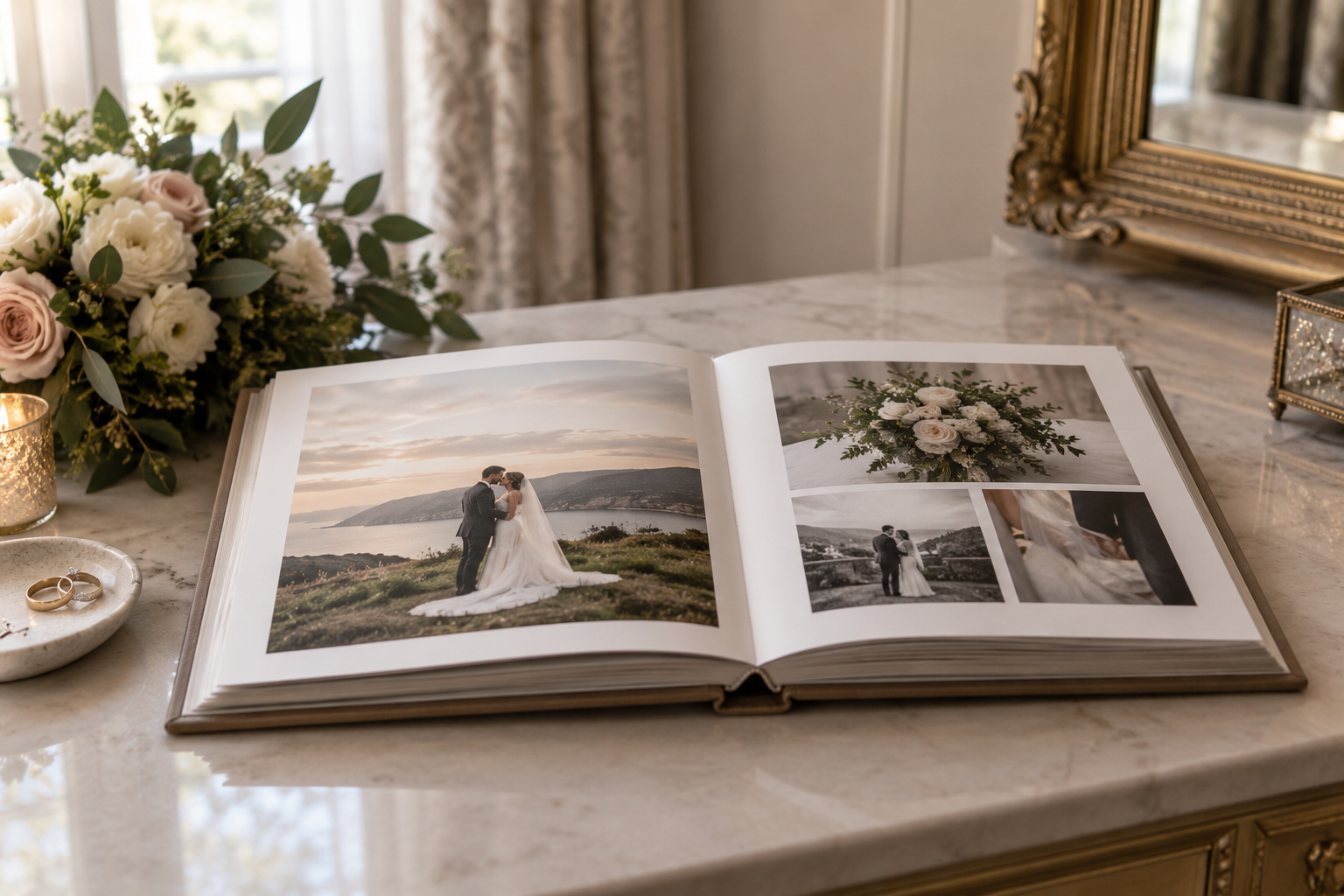 PICTURE OF A LAYFLAT ALBUM LYING OPEN ON A TABLE