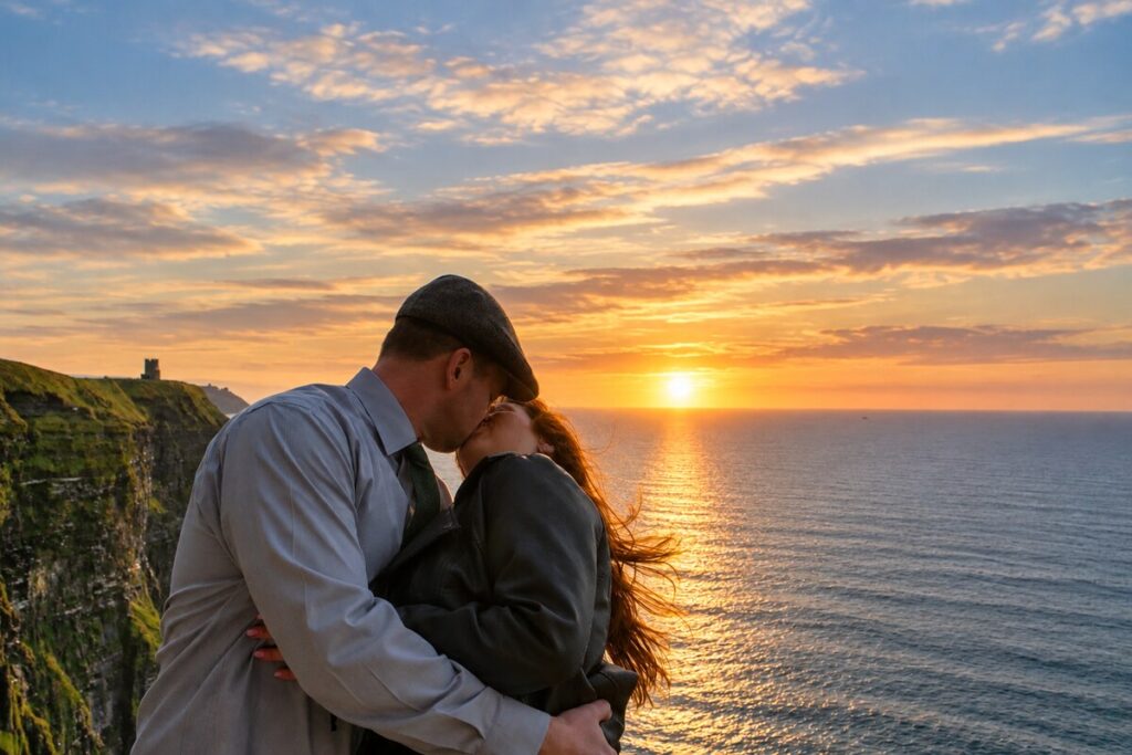 couple embracing at the cliffs of moher