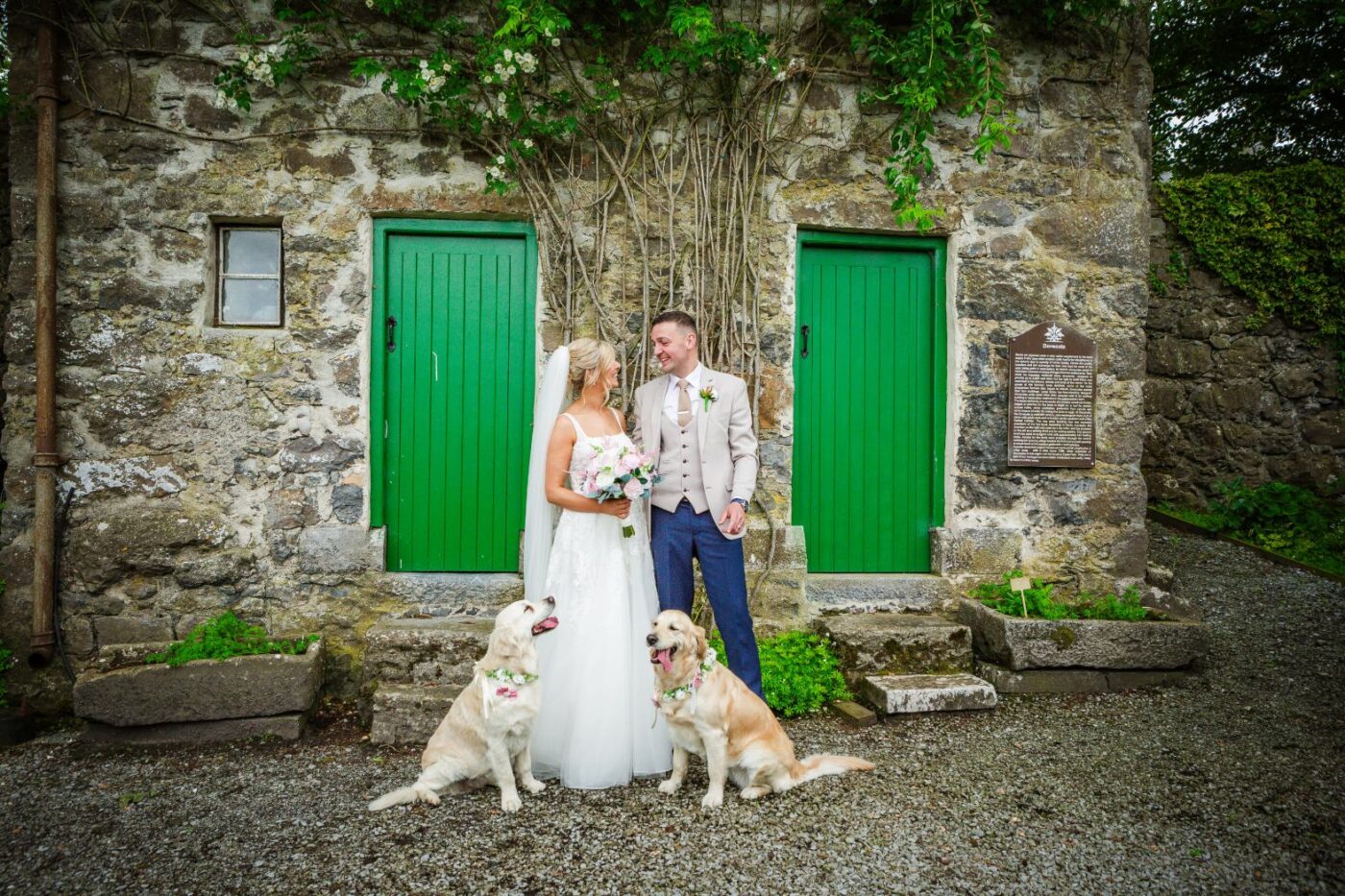 Bride and groom with two golden retrievers wearing floral collars outside a stone building with bright green doors.