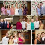 Collage of Áine, Rory and wedding guests posing beside floral displays at Loughrea Hotel & Spa.